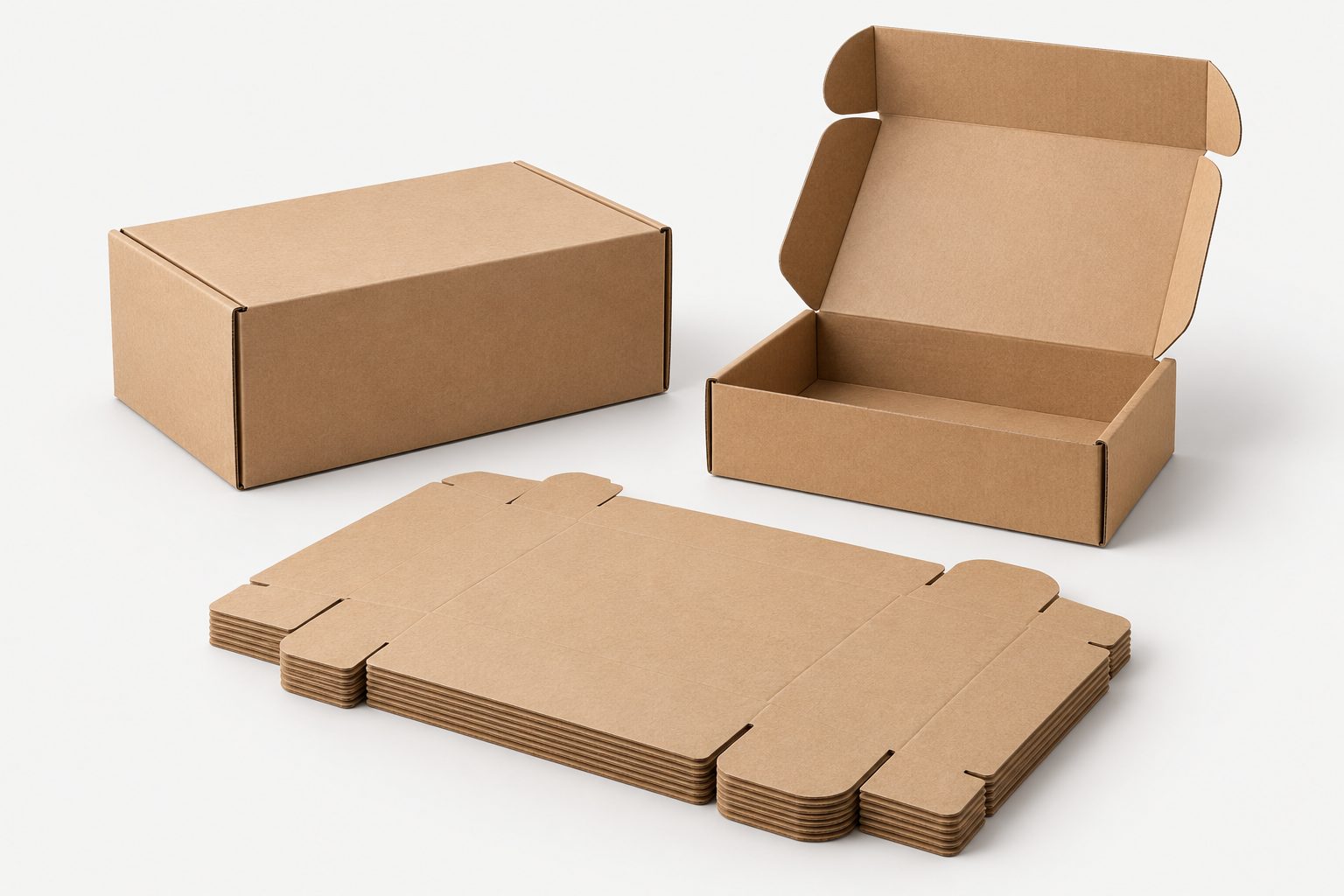 Caja regular, caja troquelada y láminas de cartón corrugado