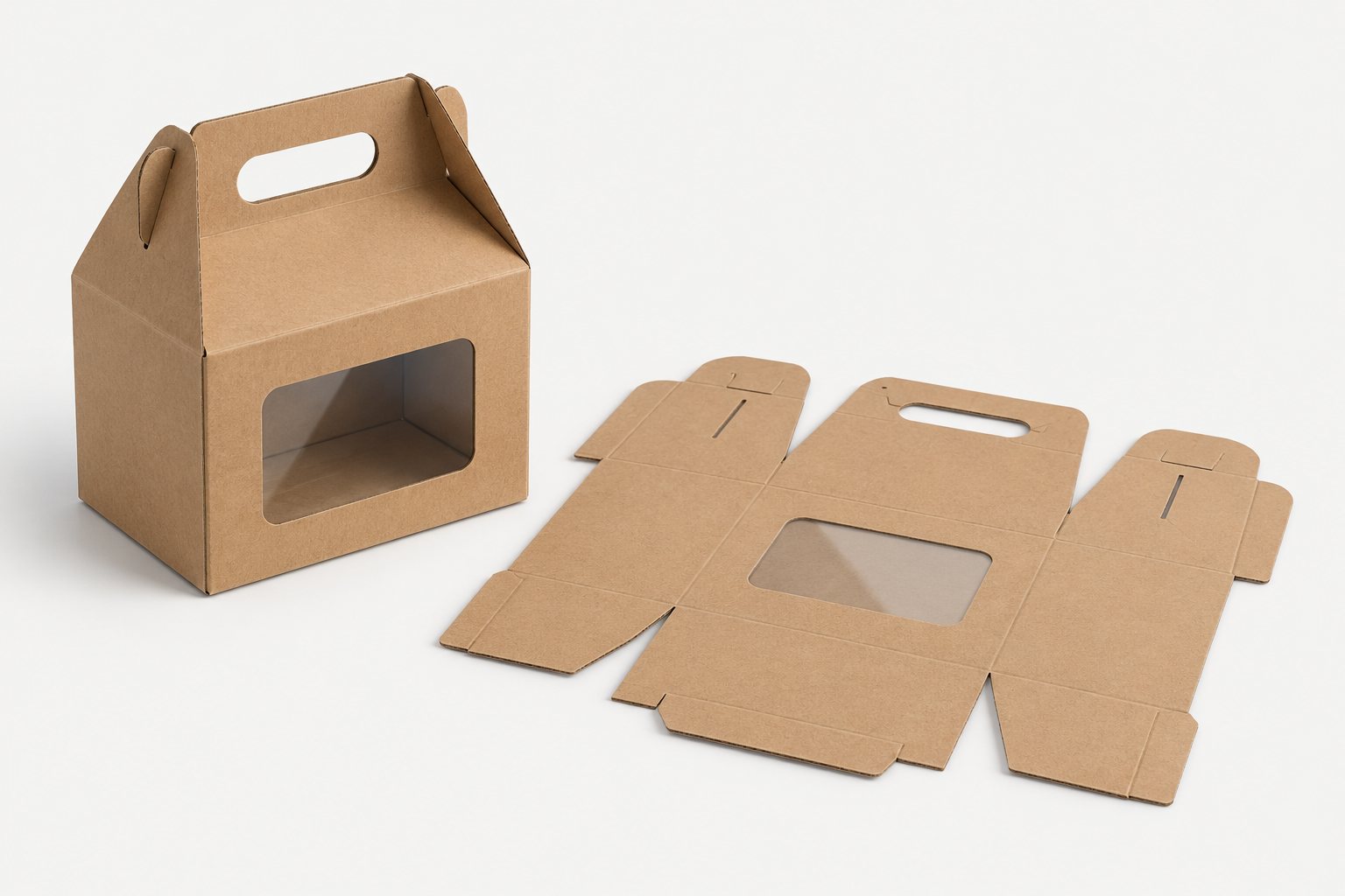 Caja troquelada con asa y ventana junto a su suaje extendido